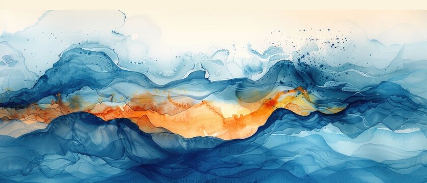 Abstract watercolor art depicting a blend of blue and orange hues, emulating waves and a sunset on a serene horizon.