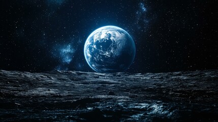 A breathtaking view of Earth from the moon's surface, surrounded by stars, ideal for space exploration themes, educational content, and inspirational visuals,
