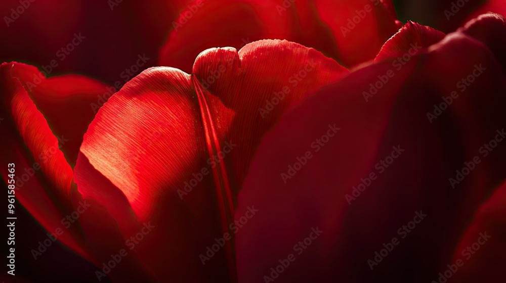 Poster Close-up of a red tulip with soft light shining through its petals, showing texture and detail -