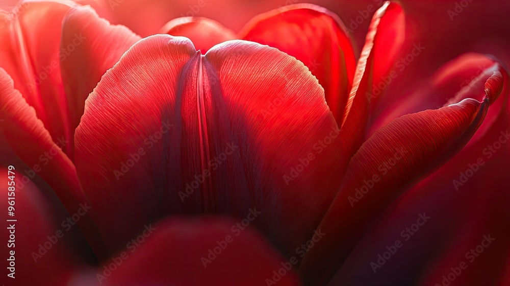 Poster Close-up of a red tulip with soft light shining through its petals, showing texture and detail -