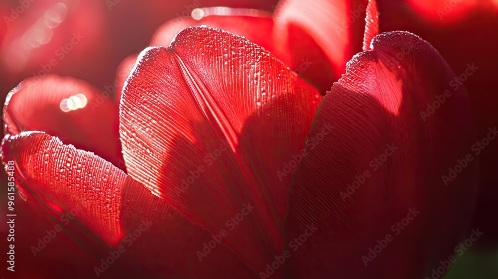 Poster Close-up of a red tulip with soft light shining through its petals, showing texture and detail -