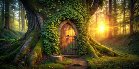 Fototapeta premium Whimsical treehouse door glowing in warm twilight light surrounded by ivy and moss