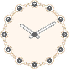 Vector minimalist, round analog clock with rope-like numerals and hands against a cream-colored background.