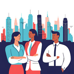 Successful businessmen and women standing with arms crossed looking at each other and city in the background.