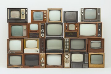 Fototapeta premium A retro composition featuring two stacks of old-fashioned televisions TV
