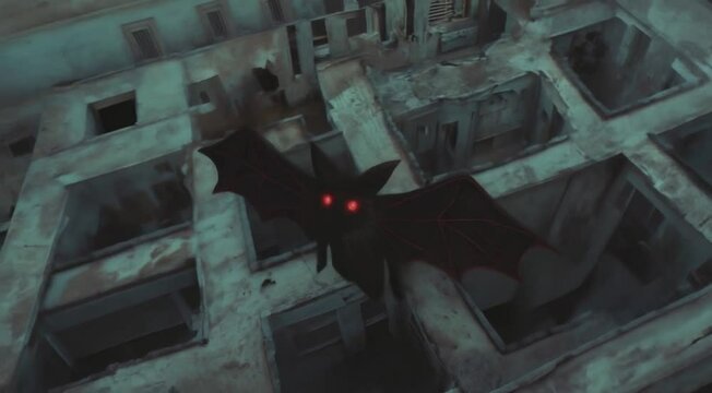 Mothman flying over abandoned ruins