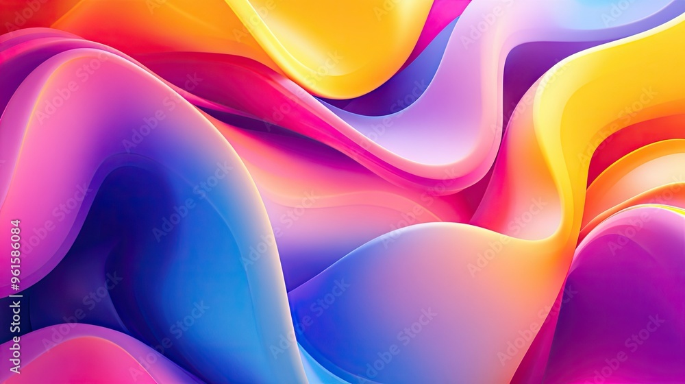 Poster colorful 3d fluid shapes twisting and flowing in a harmonious pattern, with bright gradients and smo