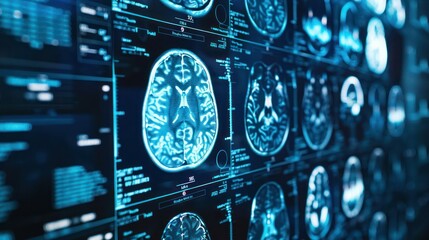 Conceptual image of a digital brain scan with data analytics overlays.