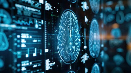 Conceptual image of a digital brain scan with data analytics overlays. 