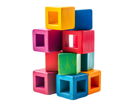 Colorful Building Blocks Stacked in a Creative Structure, Isolated on a Transparent PNG Background   