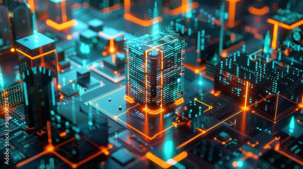 Poster isometric illustration of a futuristic cityscape with data analytics nodes and connections.