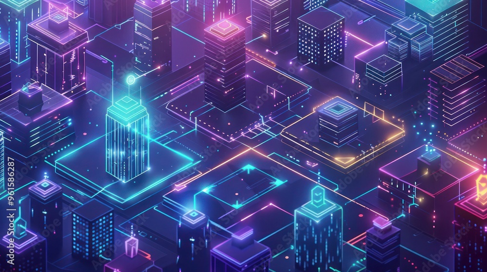 Poster isometric illustration of a futuristic cityscape with data analytics nodes and connections.