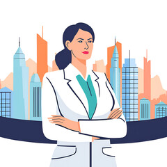 Successful businessmen and women standing with arms crossed looking at each other and city in the background.