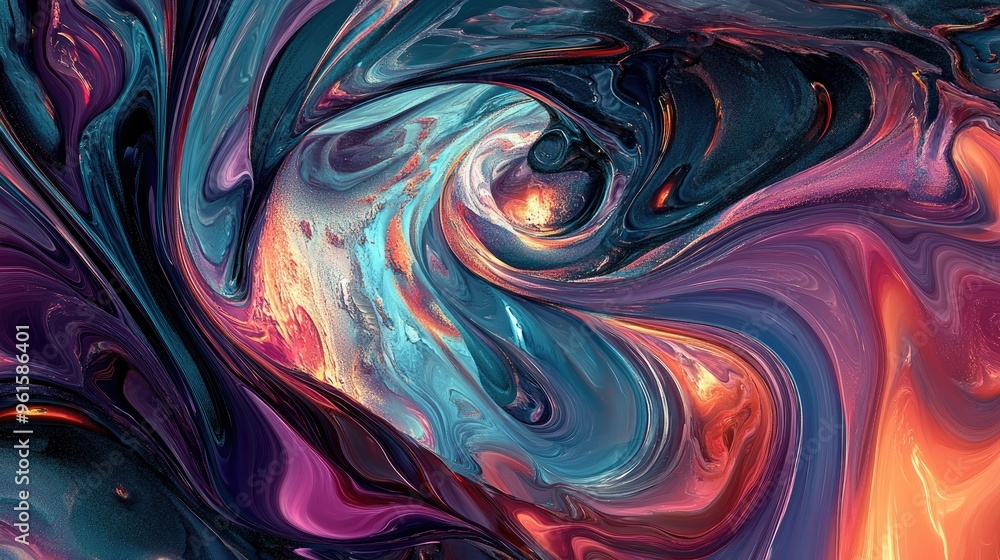 Aufkleber colorful fluid forms in a 3d abstract design, with swirling, dynamic patterns creating a sense of en