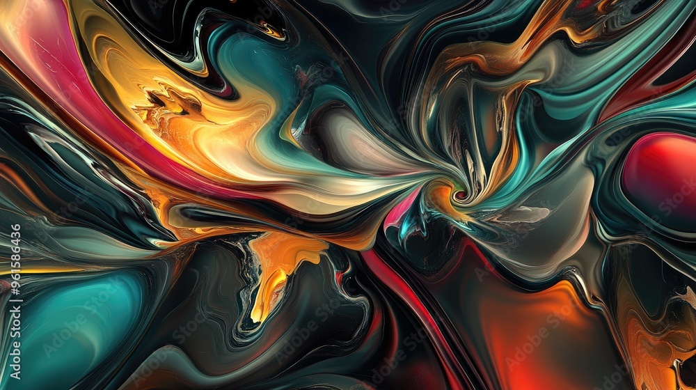 Aufkleber colorful fluid forms in a 3d abstract design, with swirling, dynamic patterns creating a sense of en