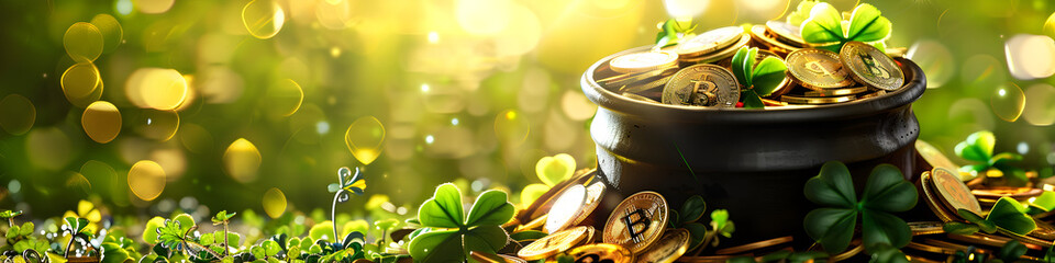 Pot of gold amidst shamrocks in sunlight with bokeh in the background