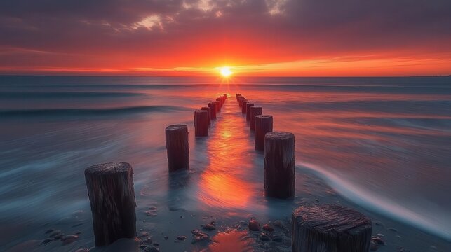 serene coastal sunset weathered wooden posts leading into calm water rocky shore warm golden light long exposure effect on water