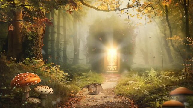 A mystical forest path with mushrooms and a glowing doorway, evoking a magical and enchanted atmosphere. 