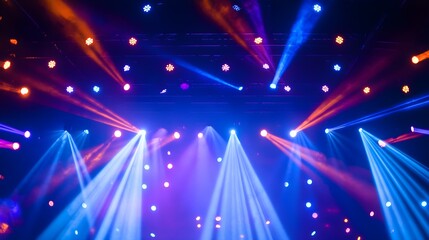 Stage lights creating a kaleidoscope effect, multicolored beams, festive and lively setting, high energy