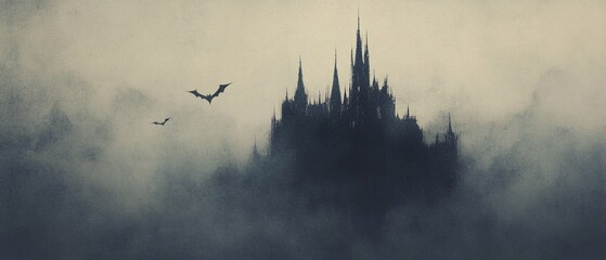 A haunting castle silhouette shrouded in mist with bats soaring overhead at twilight.