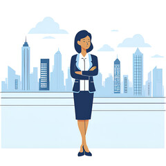 Successful businessmen and women standing with arms crossed looking at each other and city in the background.