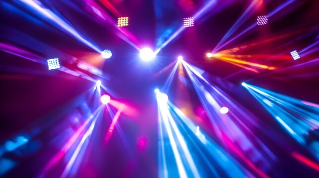 Stage lights creating a kaleidoscope effect, multicolored beams, festive and lively setting, high energy