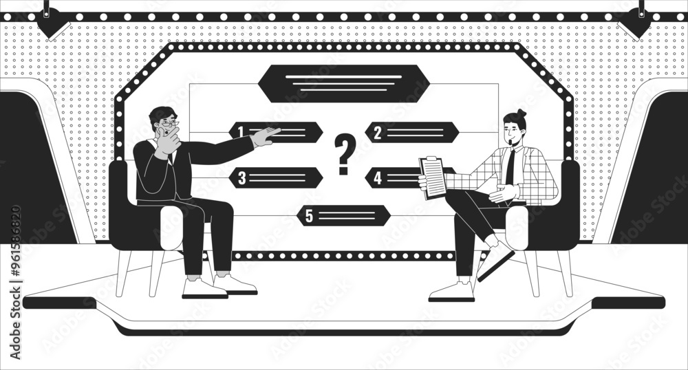 Aufkleber quiz show on tv black and white line illustration. host suggesting multiple choice questions to cont