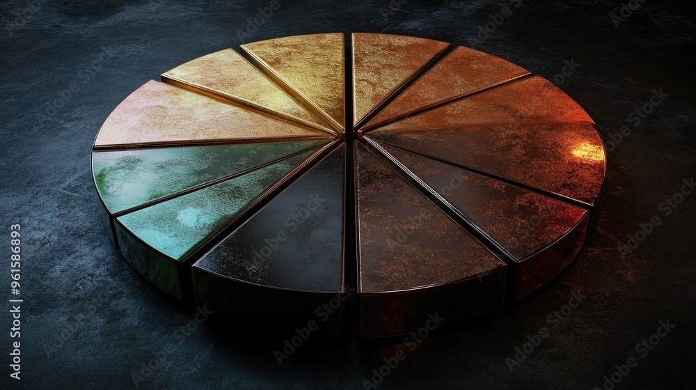 Poster detailed 3d pie chart with metallic textures, each segment separated slightly, dark background
