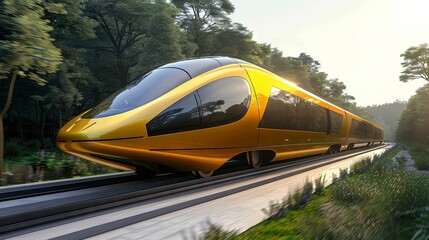 Side view, futuristic golden train on tracks in the middle of the forest. The train of the future. motion blur, low perspective