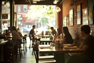 People Sitting at Tables in a Restaurant with a Brick Wall