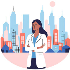 Successful businessmen and women standing with arms crossed looking at each other and city in the background.