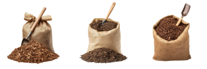 Three burlap sacks filled with various types of ground spices, showcasing earthy tones and textures. isolated on transparent or white background, png