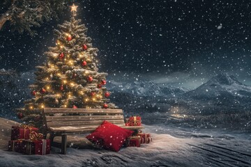 A serene night-time winter scene featuring a decorated Christmas tree surrounded by gifts,