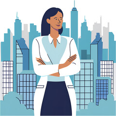 Successful businessmen and women standing with arms crossed looking at each other and city in the background.