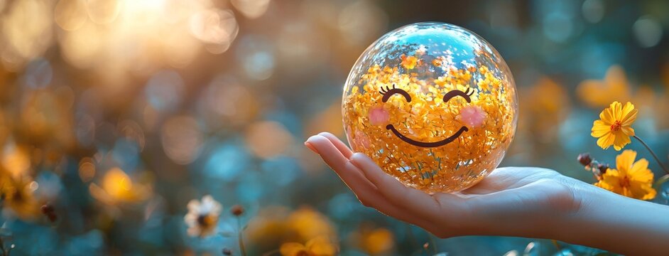 A woman's hand holds a smiling sphere filled with flowers, symbolizing positivity and mental health, ideal for World Mental Health Day promotional materials, Business with copy space.