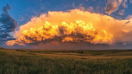 Dramatic cumulonimbus clouds reflecting the golden hues of sunrise, filling the sky with color.
