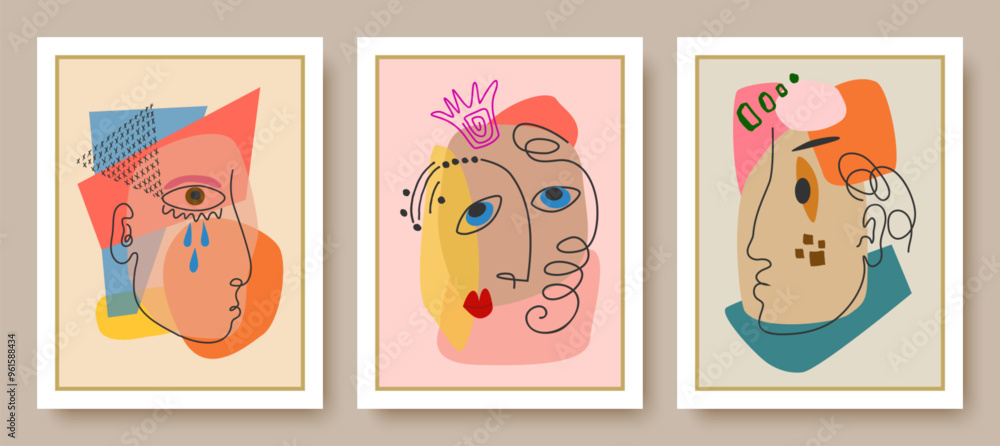 Poster colorful abstract face background set. cubism art style geometric shapes and lines vector design