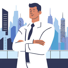 Successful businessmen and women standing with arms crossed looking at each other and city in the background.