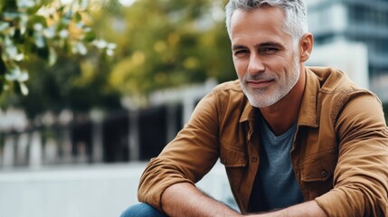 Confident Mature Man with Grey Hair Smiling Outdoors