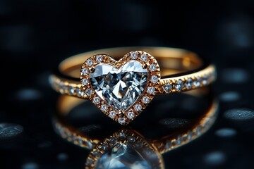 Fototapeta premium diamond ring placed on shiny black glass surface. Heart shape diamond ring design