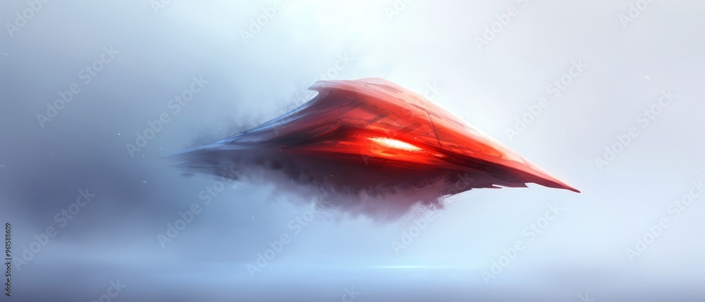 Wall mural  A red object hovers above a foggy surface, emitting a red light from its peak