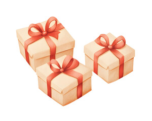 Fototapeta premium Gift Boxes with Red Ribbons in Eco Paper, Festive Cartoon Style, Isolated on a Transparent PNG Background 