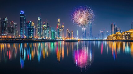 Fototapeta premium Dubai National Day fireworks over Festival City, a vibrant display reflected on the water, creating a picturesque celebration scene.
