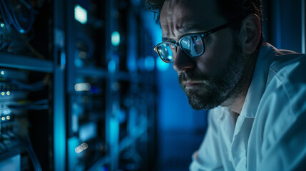 Young man wearing blue glasses, a white shirt and sighing while working on the computer