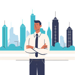 Successful businessmen and women standing with arms crossed looking at each other and city in the background.