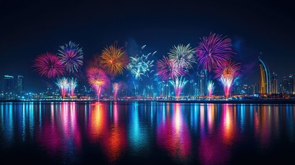 Dubai National Day fireworks over Festival City, beautiful bursts of color reflecting in the water, capturing the celebration essence.