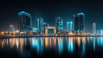 Fototapeta premium Dubai Festival City at night, featuring the glowing Hotel Crowne Plaza and Hotel Intercontinental in a stunning urban landscape.