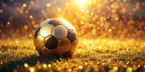 Fototapeta premium Golden soccer ball with shimmering bokeh background and dewdrops glistening in the warm light of sunset