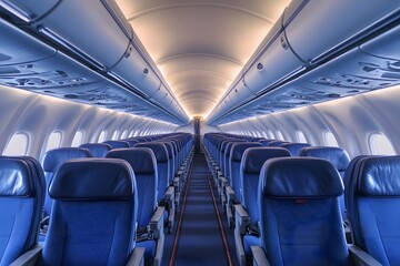 Fototapeta premium Empty Blue Seats in Airplane Cabin