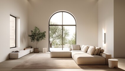 A large living room with a white couch and a brown ottoman by AI generated image